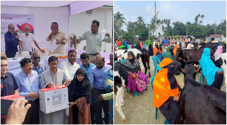 পাবনায় দরিদ্রদের মাঝে গাভি ও সেলাই মেশিন বিতরণ