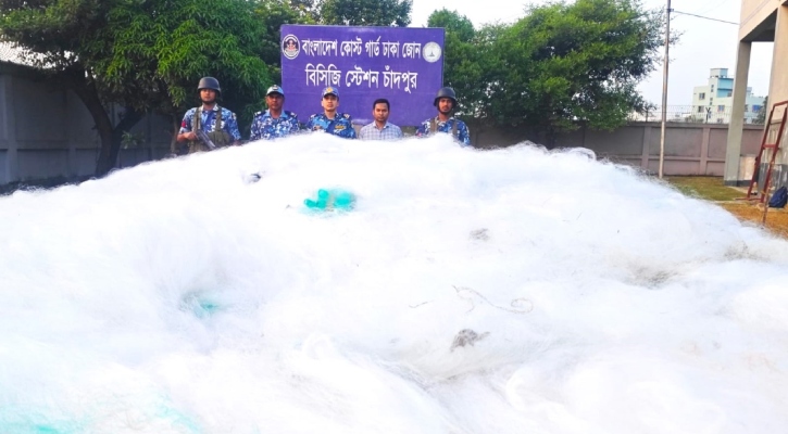 মেঘনায় লাইটার জাহাজ থেকে ১৬ লাখ মিটার কারেন্ট জাল জব্দ 